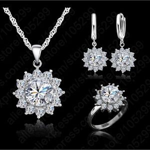 Sterling Silver 925 Cubic Zircon Round Large Necklace Earring Ring Set. New